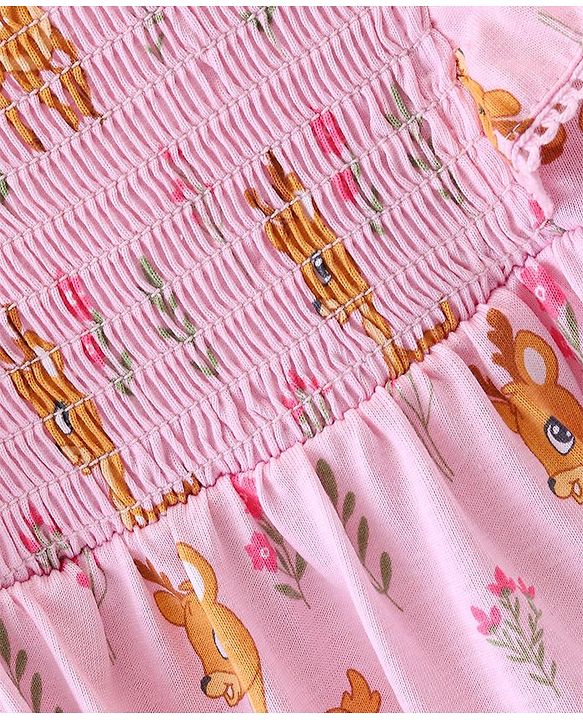 Babyhug Cotton Jersey Knit Sleeveless Frock Deer Print - Pink
