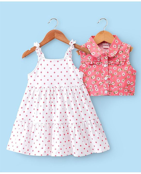 Babyhug Cotton Jersey Woven Sleeveless Frock with Sleeveless Jacket Floral Print - White & Peach