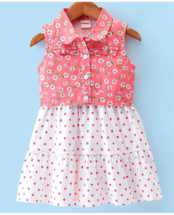 Babyhug Cotton Jersey Woven Sleeveless Frock with Sleeveless Jacket Floral Print - White & Peach