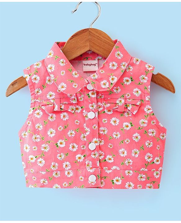 Babyhug Cotton Jersey Woven Sleeveless Frock with Sleeveless Jacket Floral Print - White & Peach