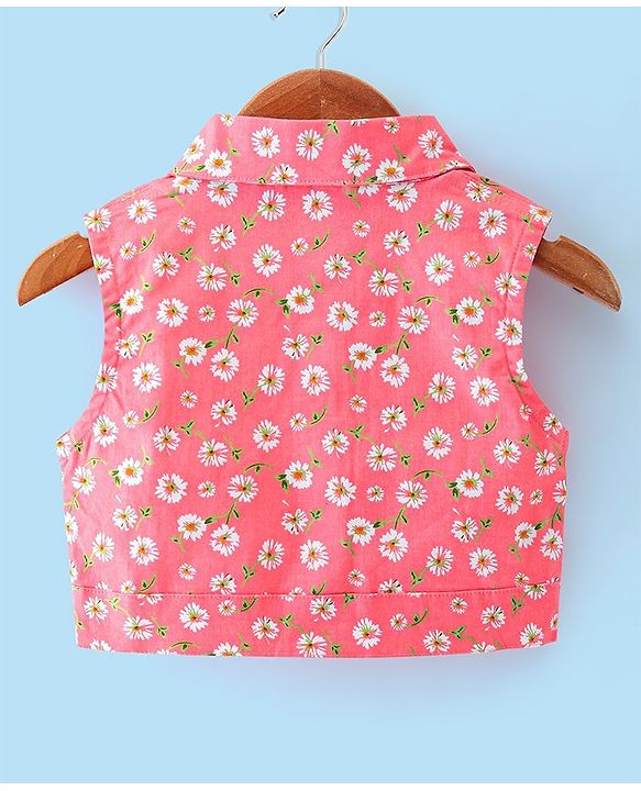 Babyhug Cotton Jersey Woven Sleeveless Frock with Sleeveless Jacket Floral Print - White & Peach