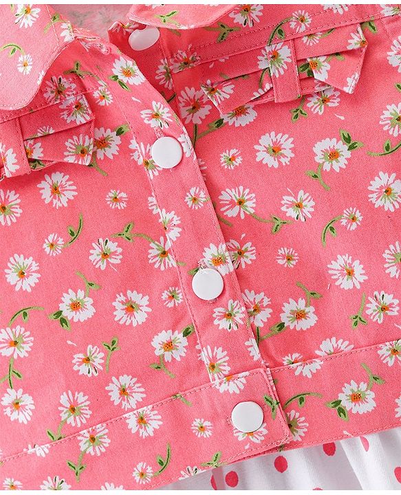 Babyhug Cotton Jersey Woven Sleeveless Frock with Sleeveless Jacket Floral Print - White & Peach