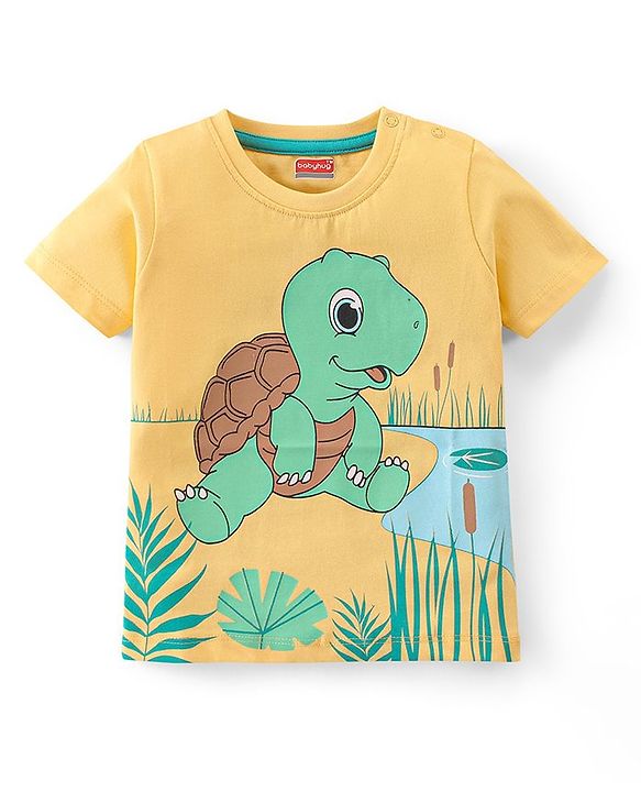 Babyhug Cotton Knit  Half Sleeves T-Shirt  with Turtle Graphics - Yellow