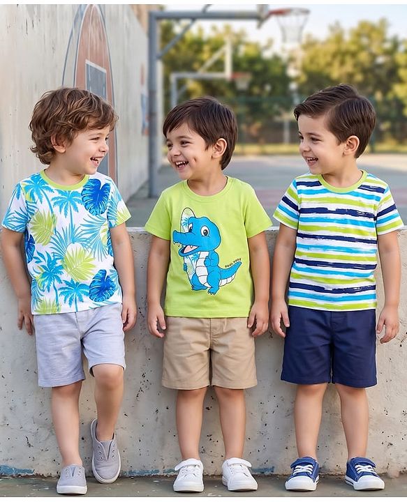 Babyhug Cotton Knit Half Sleeves T-Shirt with Striped Leaf & Crocodile Graphics Pack of 3 - Multicolour