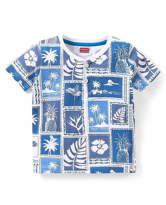 Babyhug Cotton Knit Half Sleeves T-Shirt with Beach Theme Print - White