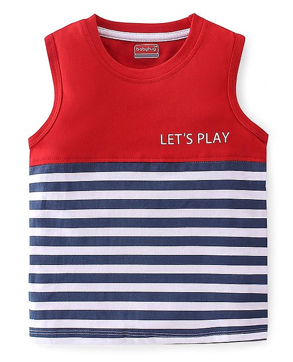 Babyhug 100% Cotton Knit Sleeveless Stripe T-Shirt with Graphics - Red