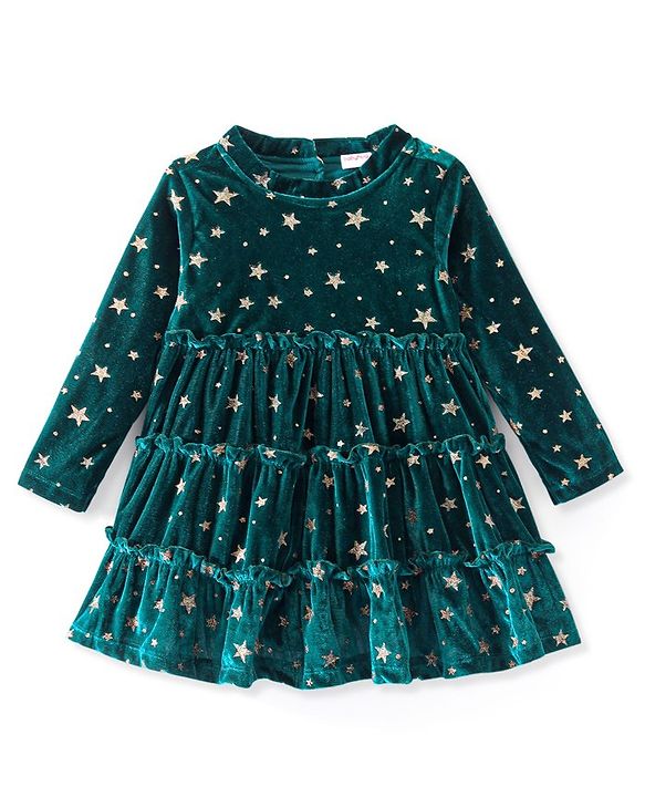 Babyhug Velour Knit Full Sleeves Frock Star Print - Green