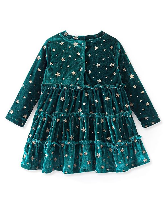 Babyhug Velour Knit Full Sleeves Frock Star Print - Green
