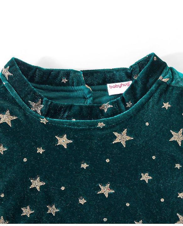 Babyhug Velour Knit Full Sleeves Frock Star Print - Green
