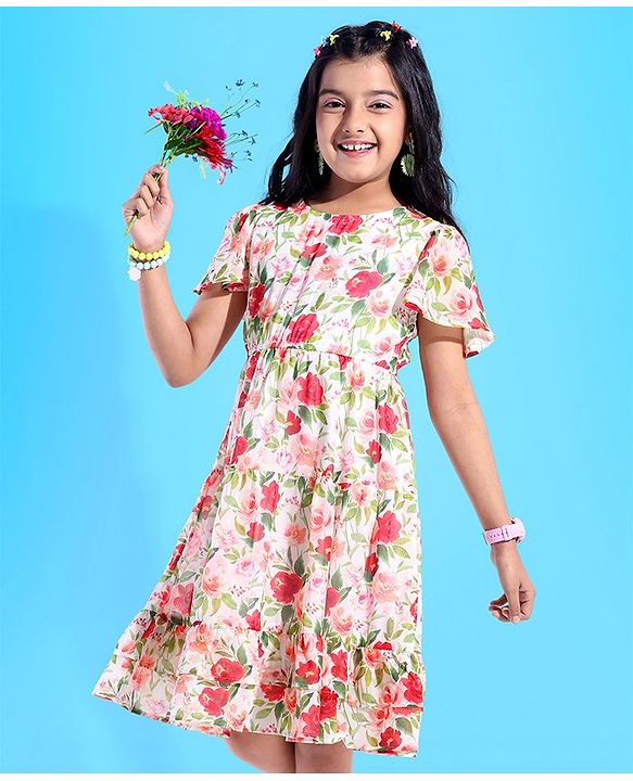 Pine Kids Cotton Woven Half Sleeve Frock with Floral Print - Multicolor