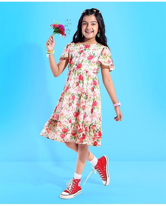 Pine Kids Cotton Woven Half Sleeve Frock with Floral Print - Multicolor