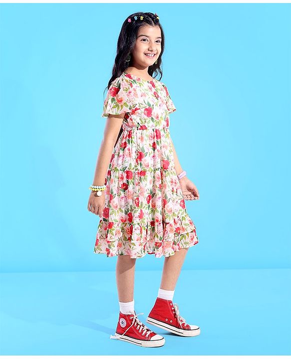 Pine Kids Cotton Woven Half Sleeve Frock with Floral Print - Multicolor