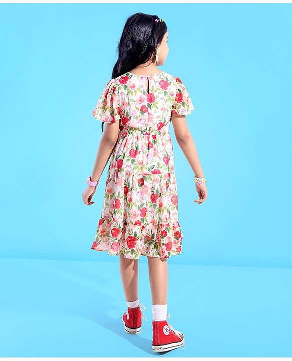 Pine Kids Cotton Woven Half Sleeve Frock with Floral Print - Multicolor