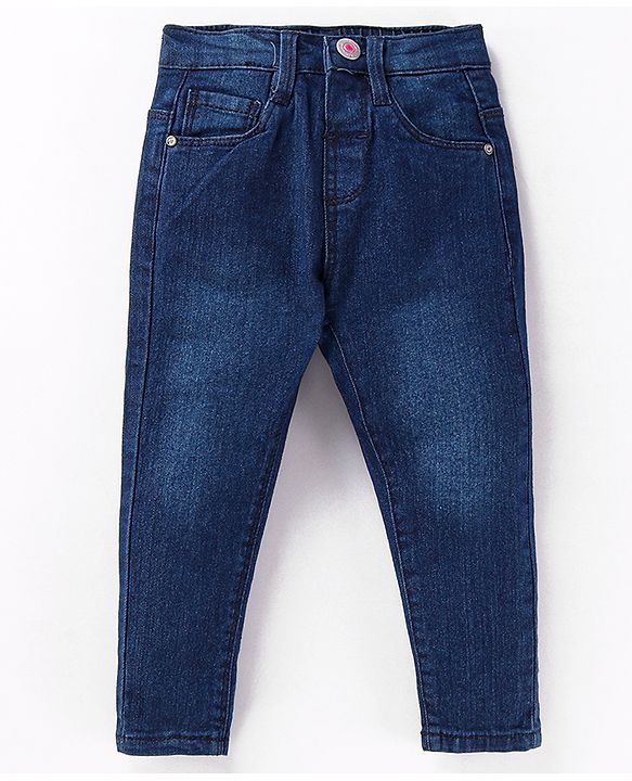 Babyhug Full Length Solid Color Denim Jeans With Stretch - Dark Blue