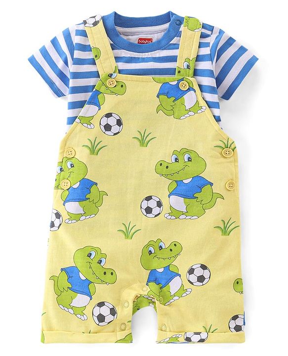 Babyhug 100% Cotton Single Jersey Knit Dino Printed Dungaree and Half Sleeves Striped T-Shirt Set - Blue & Yellow