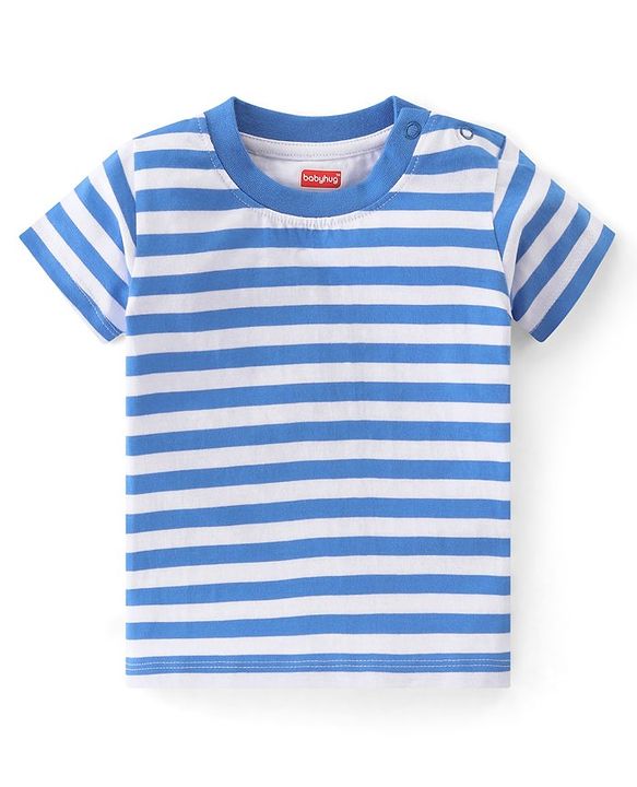 Babyhug 100% Cotton Single Jersey Knit Dino Printed Dungaree and Half Sleeves Striped T-Shirt Set - Blue & Yellow