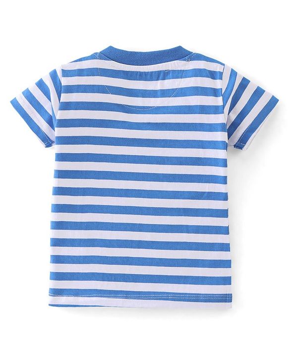 Babyhug 100% Cotton Single Jersey Knit Dino Printed Dungaree and Half Sleeves Striped T-Shirt Set - Blue & Yellow