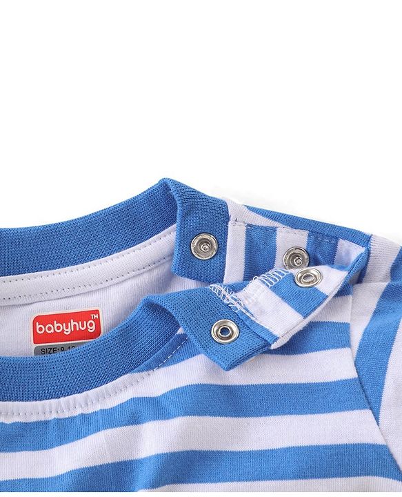 Babyhug 100% Cotton Single Jersey Knit Dino Printed Dungaree and Half Sleeves Striped T-Shirt Set - Blue & Yellow