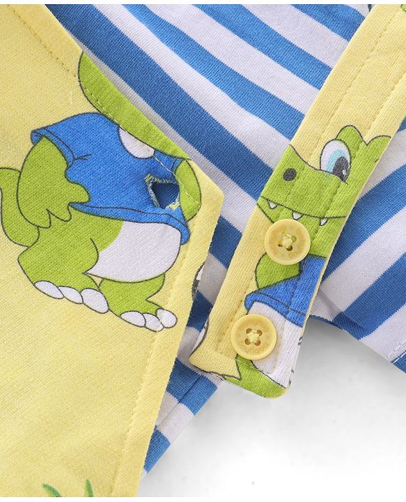 Babyhug 100% Cotton Single Jersey Knit Dino Printed Dungaree and Half Sleeves Striped T-Shirt Set - Blue & Yellow