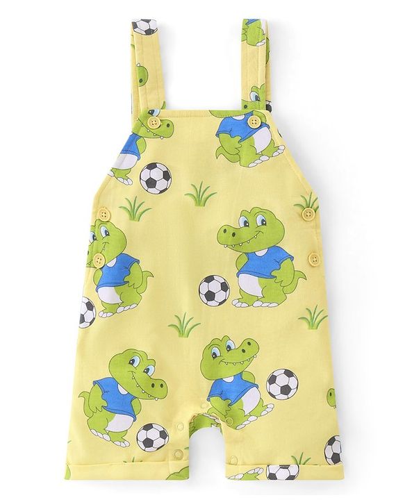 Babyhug 100% Cotton Single Jersey Knit Dino Printed Dungaree and Half Sleeves Striped T-Shirt Set - Blue & Yellow