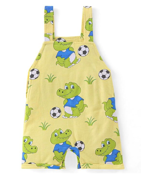 Babyhug 100% Cotton Single Jersey Knit Dino Printed Dungaree and Half Sleeves Striped T-Shirt Set - Blue & Yellow