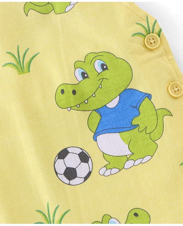Babyhug 100% Cotton Single Jersey Knit Dino Printed Dungaree and Half Sleeves Striped T-Shirt Set - Blue & Yellow