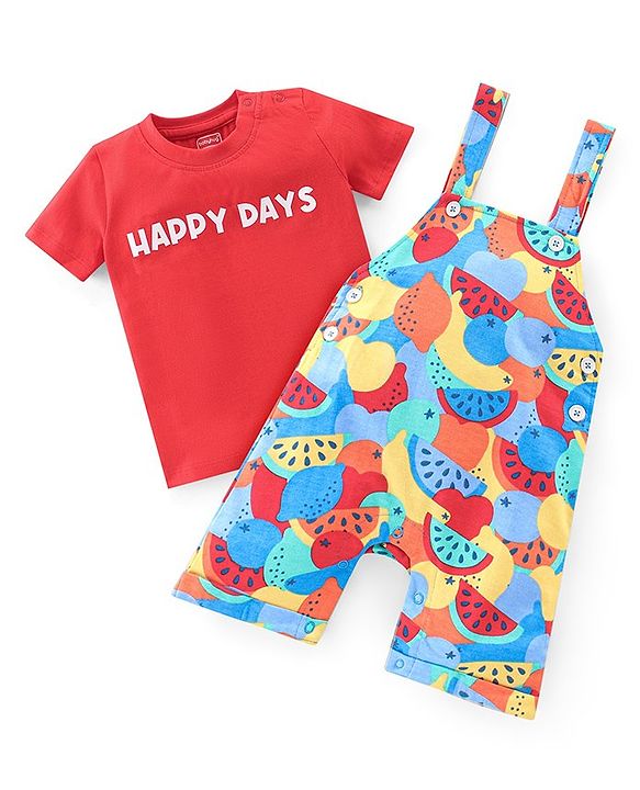 Babyhug Single Jersey Knit Dungarees & Half Sleeves T-Shirt with Watermelon Print - Multicolour