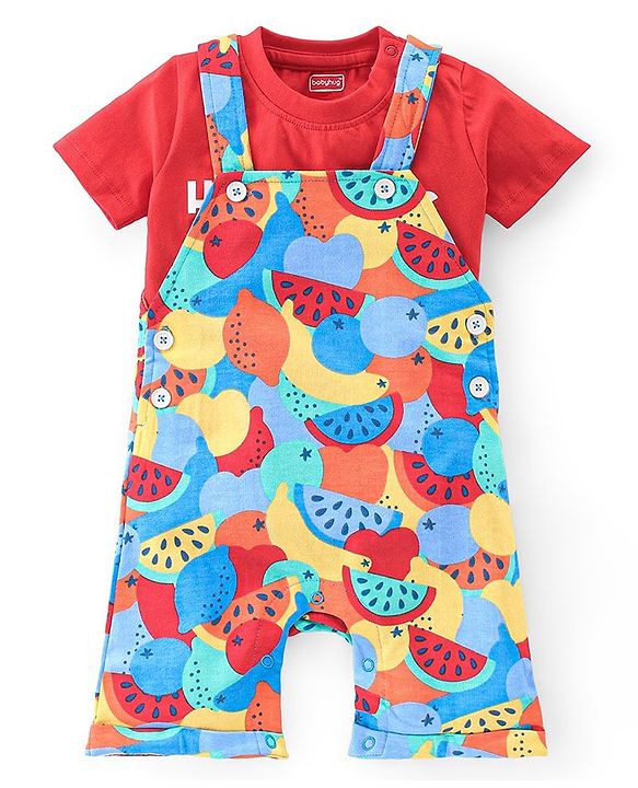 Babyhug Single Jersey Knit Dungarees & Half Sleeves T-Shirt with Watermelon Print - Multicolour