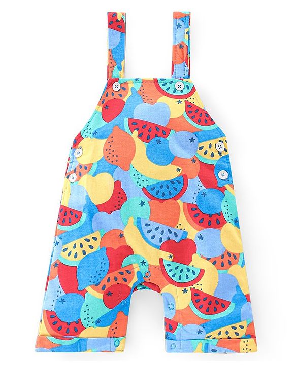 Babyhug Single Jersey Knit Dungarees & Half Sleeves T-Shirt with Watermelon Print - Multicolour