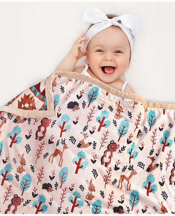 Babyhug Premium Reversible Plush Soft & Warm Double Layer Jungle & Geometric Print- Beige