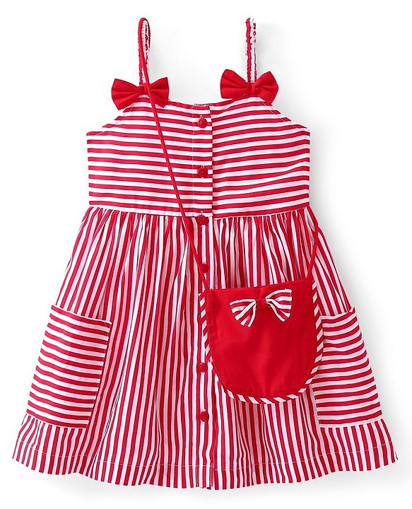 Babyhug Rayon Woven Sleeveless Striped Frock with Sling Bag & Bow Applique - Red