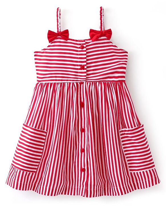 Babyhug Rayon Woven Sleeveless Striped Frock with Sling Bag & Bow Applique - Red