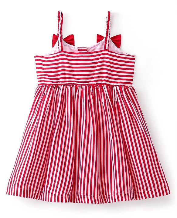 Babyhug Rayon Woven Sleeveless Striped Frock with Sling Bag & Bow Applique - Red