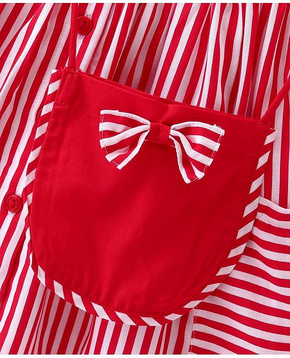 Babyhug Rayon Woven Sleeveless Striped Frock with Sling Bag & Bow Applique - Red