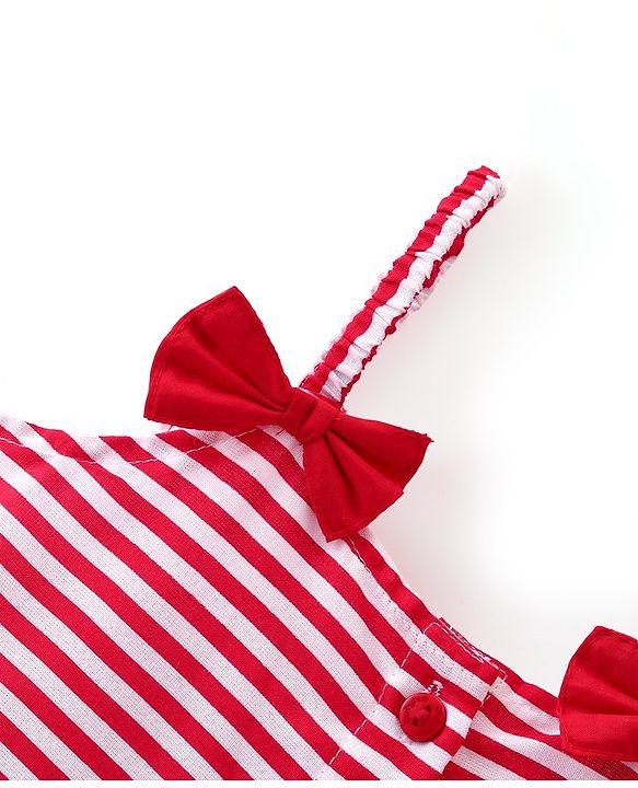 Babyhug Rayon Woven Sleeveless Striped Frock with Sling Bag & Bow Applique - Red