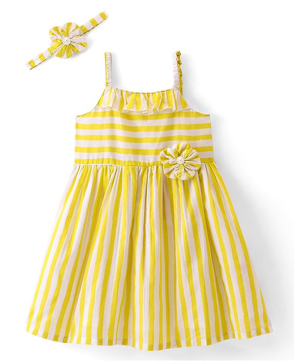 Babyhug Cambric Woven Sleeveless Striped Frock with Floral Applique & Headband -Yellow