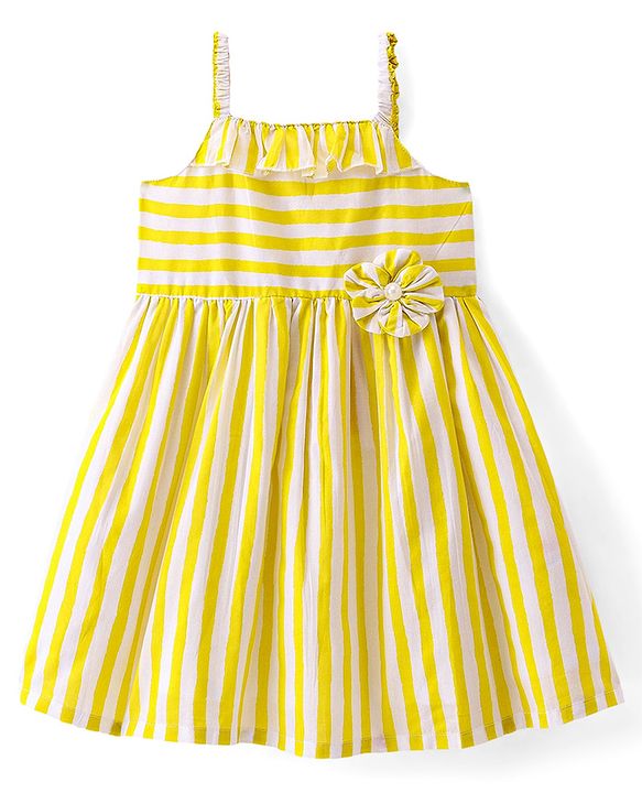 Babyhug Cambric Woven Sleeveless Striped Frock with Floral Applique & Headband -Yellow