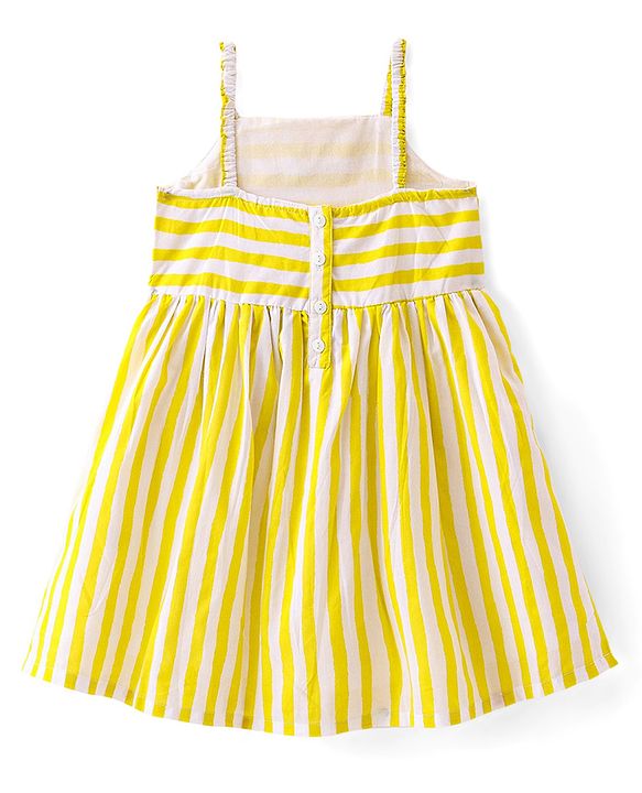 Babyhug Cambric Woven Sleeveless Striped Frock with Floral Applique & Headband -Yellow