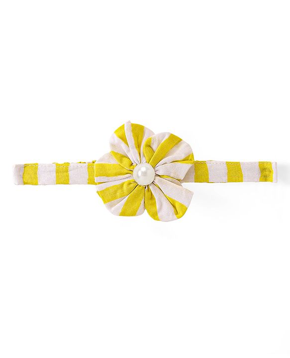 Babyhug Cambric Woven Sleeveless Striped Frock with Floral Applique & Headband -Yellow