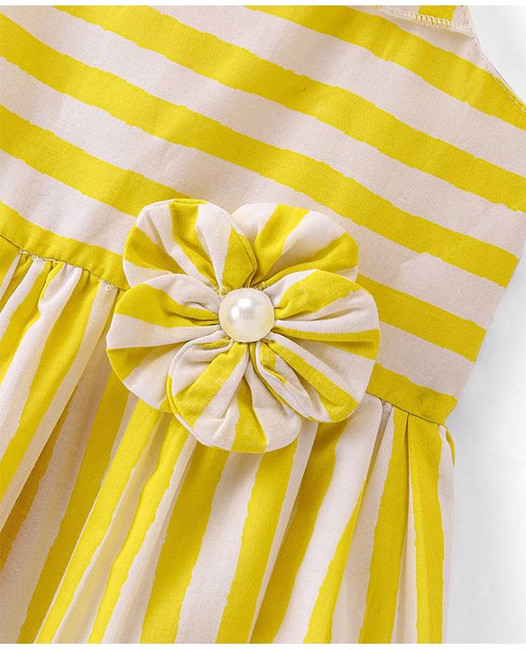 Babyhug Cambric Woven Sleeveless Striped Frock with Floral Applique & Headband -Yellow