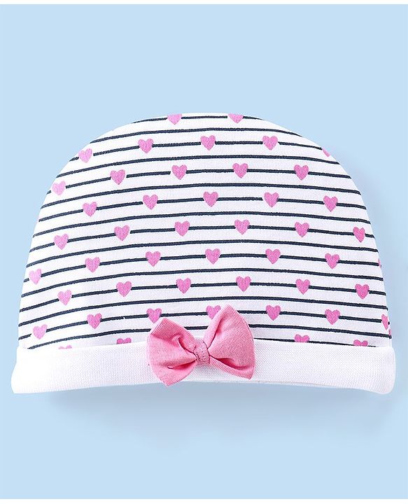 Babyhug 100% Cotton Cap Mittens And Booties Heart Printed - White