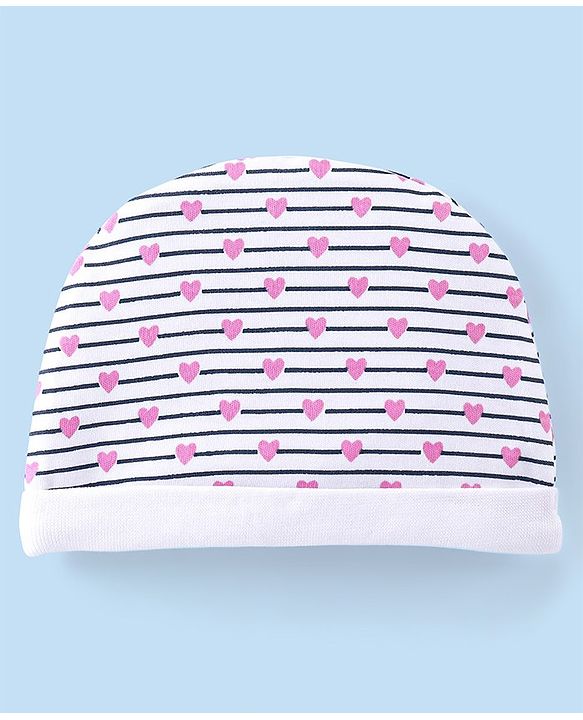 Babyhug 100% Cotton Cap Mittens And Booties Heart Printed - White