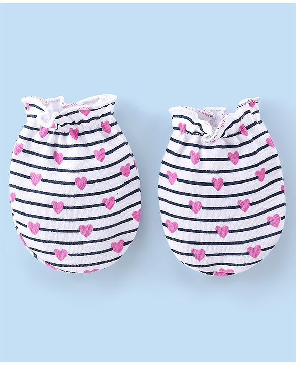 Babyhug 100% Cotton Cap Mittens And Booties Heart Printed - White