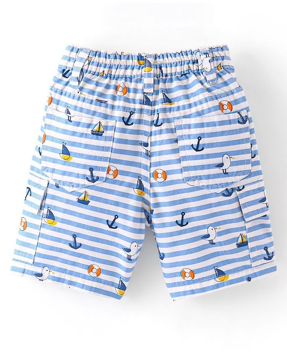 Babyhug Cotton Spandex Above Knee Length Bermuda Ships & Anchor Print - White & Blue