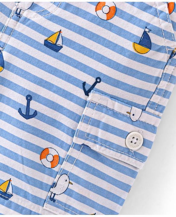 Babyhug Cotton Spandex Above Knee Length Bermuda Ships & Anchor Print - White & Blue