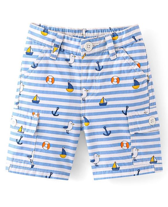 Babyhug Cotton Spandex Above Knee Length Bermuda Ships & Anchor Print - White & Blue