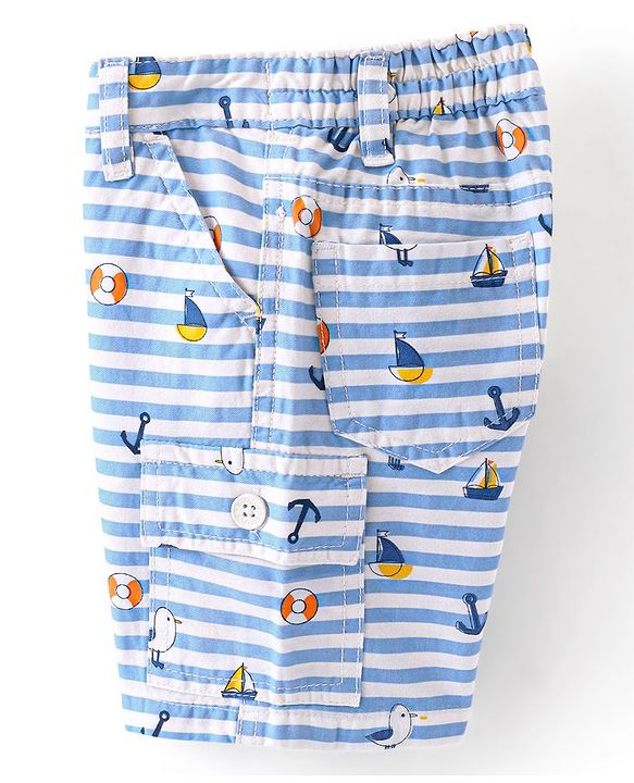 Babyhug Cotton Spandex Above Knee Length Bermuda Ships & Anchor Print - White & Blue