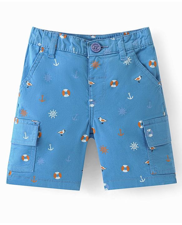 Babyhug Cotton Spandex Above Knee Length Bermuda Ships & Anchor Print - Blue