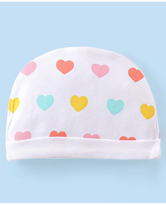 Babyhug 100% Cotton Cap Mittens And Booties Heart Printed - White