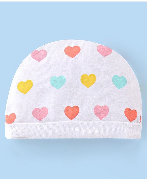 Babyhug 100% Cotton Cap Mittens And Booties Heart Printed - White